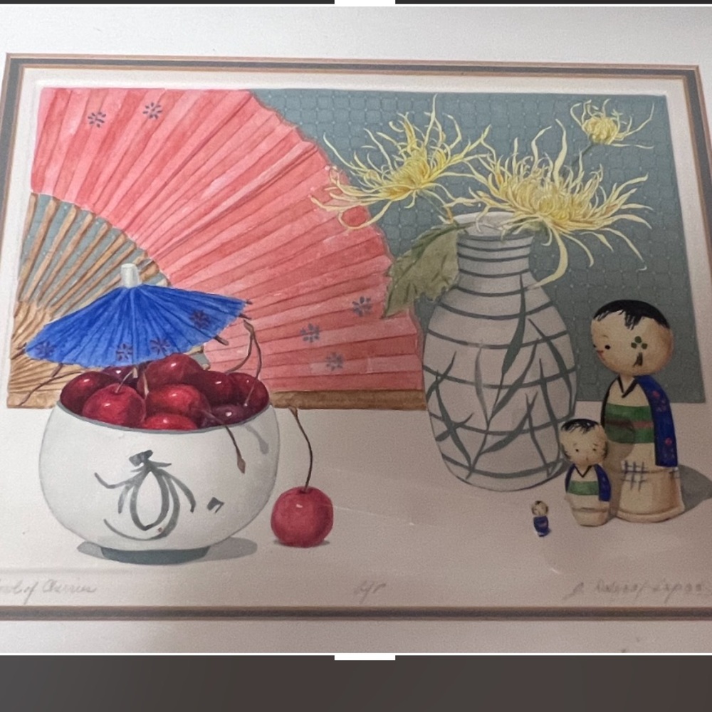 Signed Watercolor AP Still Life “bowl of cherries” Chinese chrysanthemum